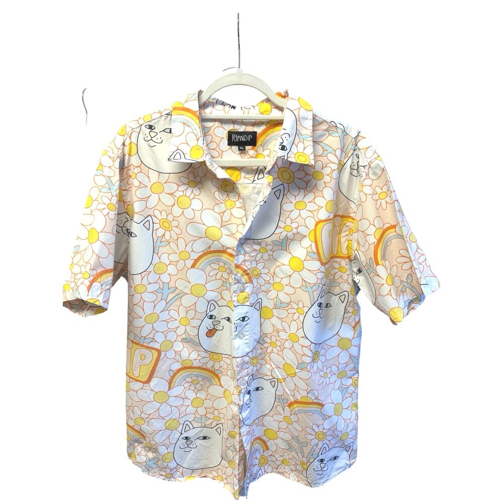 RipNDip Graphic Button Up Shirt XL White Floral Cat Print Streetwear